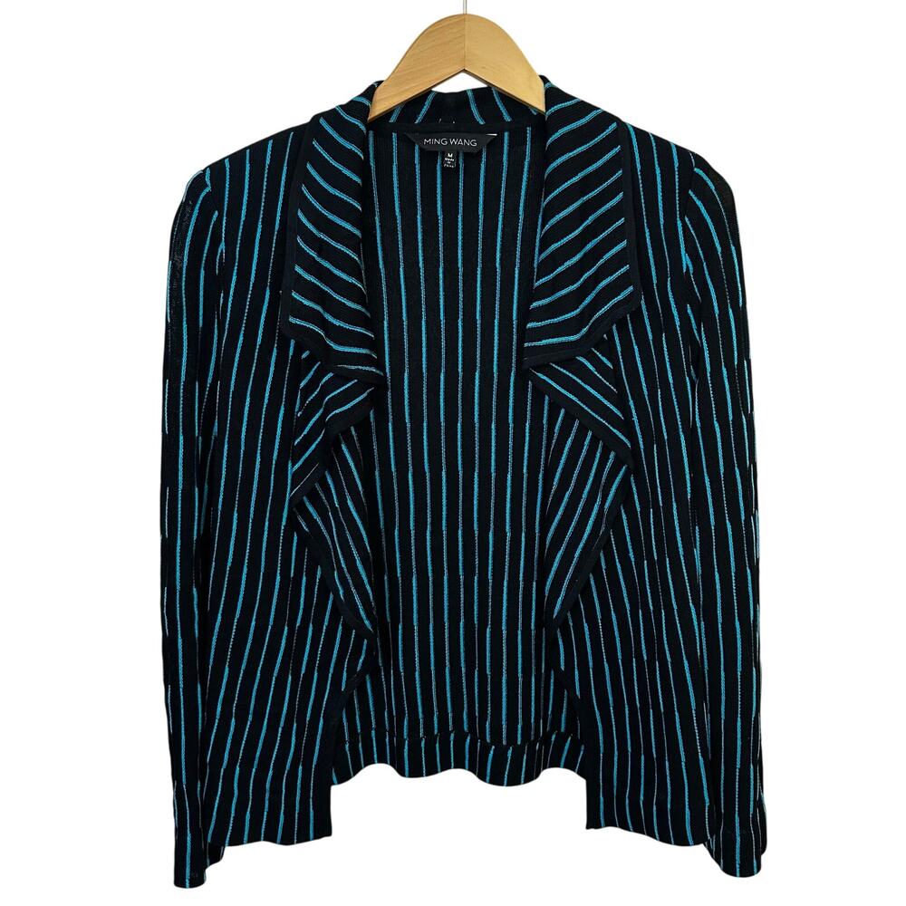 Ming Wang Striped Blazer Cardigan Lightweight Womens‎ Medium Black Blue Career
